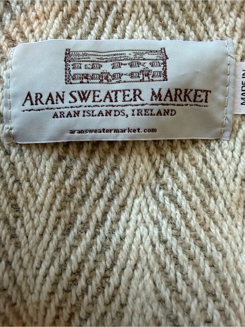 Aran Sweater Market Neutral Herringbone Wool Scarf with Fringe. Like New